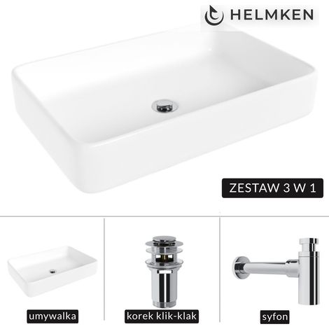 Lavabo à poser Helmken 84261000 (61,5 x 41 cm) Blanc + Siphon chromé + Bouchon clic-clac chromé (1/5)