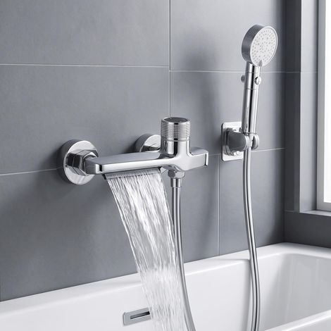 Mitigeur Baignoire, Cascade à 2 Becs, Robinet Douche Thermostat en Laiton avec Douchette 3 Jets, Flexible 1,5m, Support Douchette et Kit d'Installation Complet, Finition Chromée, pour Salle de Bains (1/5)