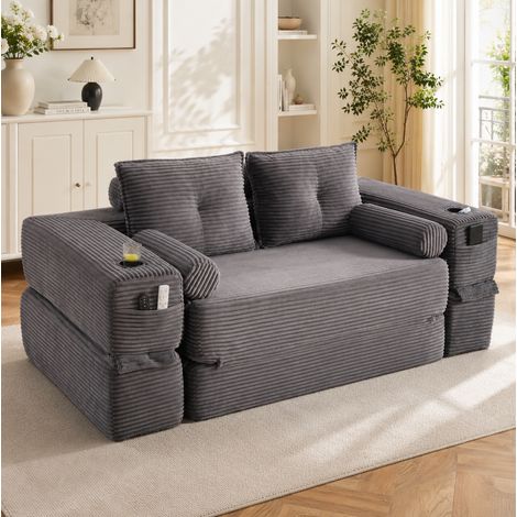 Divano letto 180/198 cm in corduroy grigio scuro, 2 posti, con portabicchiere e tasche laterali (1/5)