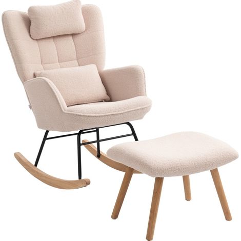 Fauteuil à bascule beige avec repose-pieds, dossier haut et pieds en bois (1/5)
