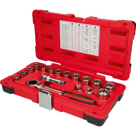 FP – Coffret cliquet et douilles 17 pièces – Acier chrome-vanadium – 1 clé à cliquet 72 dents – Douilles traversantes 10-24mm (1/5)