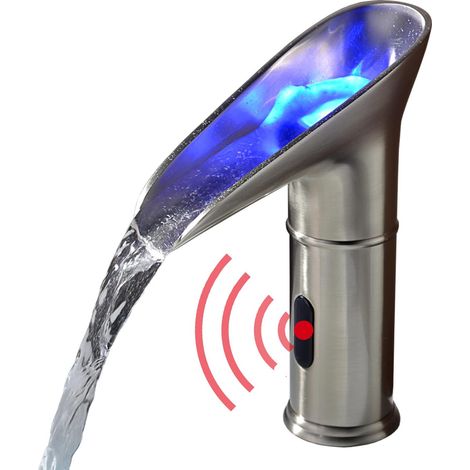 Robinet Automatique à LED,Robinet de Capteur Cascade Lavabo Infrarouge Froid et Chaud Sans Contact DC 3 Couleurs Changé par la Pression de l'eau LED Alimentée par la Pression de l'eau