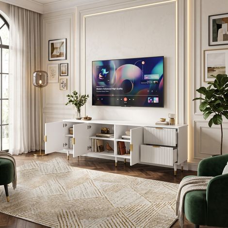Creahappy Meuble TV 170x35,5x55 cm - Grand Rangement avec 3 Portes et 2 Tiroirs - Style Contemporain Blanc et Pieds Dorés pour Salon (1/5)