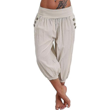 Yogahose für Damen, Seitentaschen, Haremshose, knöchellang, schnelltrocknend, feuchtigkeitsableitend, leicht, im Boho-Hippie-Stil, hellblau, orange, cremeweiß, Größe S (1/5)