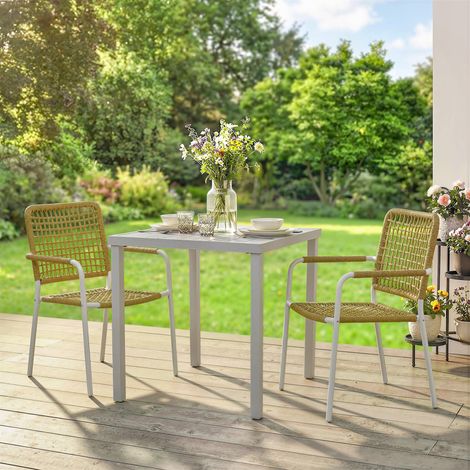 Lot de 2 fauteuils de jardin empilables, résine tressée couleur jaune, avec accoudoirs et dossier surélevé, 55x57x82 cm (1/5)