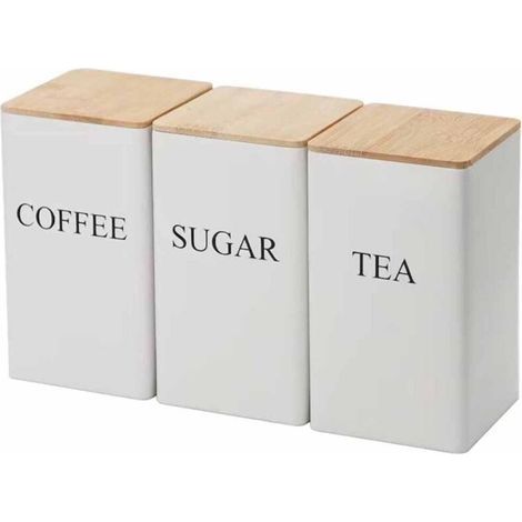 Lot de 3 boîtes à thé, café et sucre en métal de 1 000 ml avec couvercle hermétique en bambou décoratif pour votre thé, sucre, café préféré (blanc) (1/5)