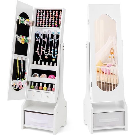 COSTWAY Armadio Portagioie per Bambine, Specchio da Terra a Figura Intera con Contenitore e 2 Angoli di Inclinazione, Specchio da Toilette per Bambini con Ganci, Ripiani e Cassetti (1/5)