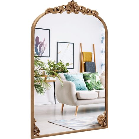 Espejo de pared barroco arqueado, marco de metal dorado, 95 x 66 cm (1/5)