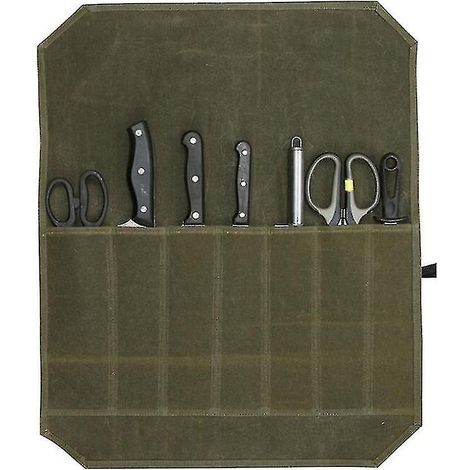 Professionelles Messeretui für Kochmesser, faltbares Etui aus gewachstem Canvas für Küchenmesser, Utensilienaufbewahrung und -organisation, Reisegröße, grün (1/3)