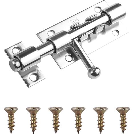 Door Bolt Stainless Steel 304, 107 x 35 mm, Exterior Door Latch  with Hole for Padlocks, Latches and Door Locks with Screws, Door Lock for Doors, Windows, Fences (Silver) (1/4)