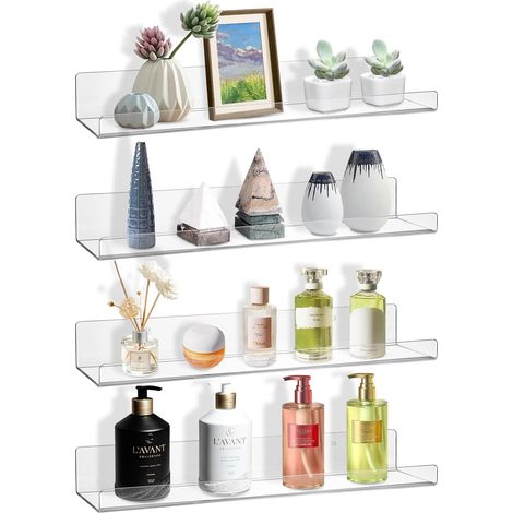Lot de 4 étagères flottantes transparentes à fixer au mur, 38 cm, en acrylique pour rangement mural, bibliothèque pour enfants, étagères suspendues en acrylique pour chambre à coucher (1/5)