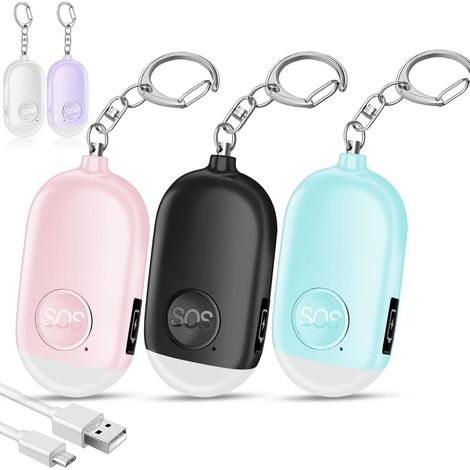 Lot de 3 Alarme personnelle, 130 dB, Lampe LED, Rechargeable USB, Étanche IP44, Pour femme enfant âgé (1/5)
