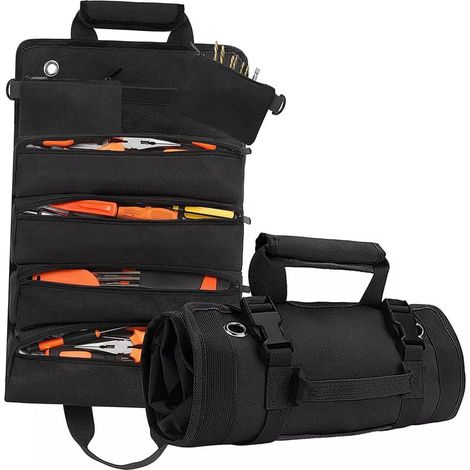 Trousse à Outils Enroulable Voiture, Organisateur Robuste Oxford Noir Grand Rangement Compartimenté, Poches Internes Zippées, Poignée Solide et Œillets Suspendre pour Atelier (1/5)