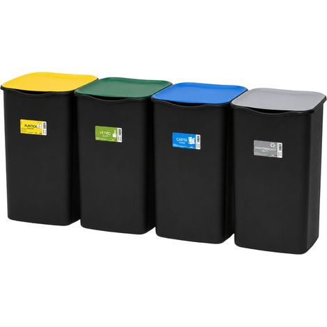 Set da 4 pattumiere per raccolta differenziata da 50 litri - Misura 37,5x36x53,5 cm - Colori Giallo, Verde, Azzurro e Grigio (1/5)