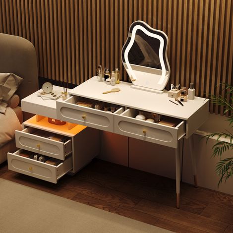 Tavolo trucco 140/40/130 cm bianco con LED, 4 cassetti e design flessibile (1/5)