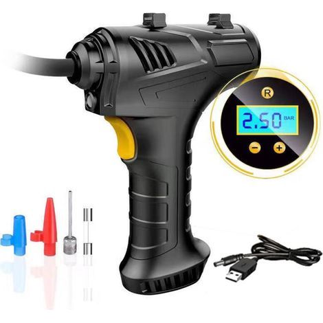 Cordless Tyre Inflator Air Compressor, 12V USB Rechargeable Battery 150PSI Portable Car Tyre Pump, Electric Digital Tyre Pump with LED Light and 2 Nozzle Adaptors for Car Motorcycle Bicycle (1/4)