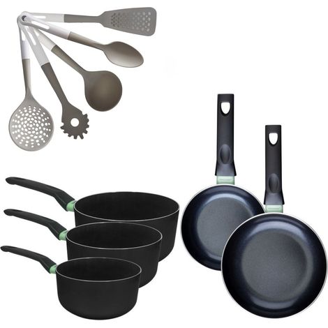 Lot de 2 poêles 16/20 cm et 3 casseroles 16/18/20 cm Fackelmann Brandao avec 5 ustensiles de cuisine Vario (1/5)