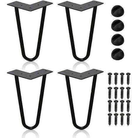 Quatre pieds de table en épingle à cheveux, parfaits pour la fabrication de tables basses, tables d'appoint ou coiffeuses. Noirs, avec pieds soudés et patins de protection pour le sol. (1/5)