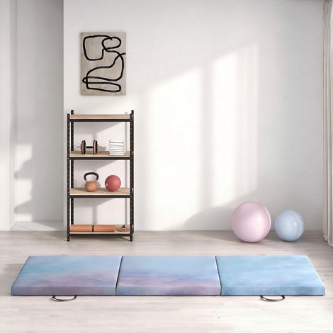 Tapis de gymnastique yoga pilates fitness pliable en 3 panneaux avec poignées revêtement synthétique 180 x 60 x 5cm bleu (1/5)