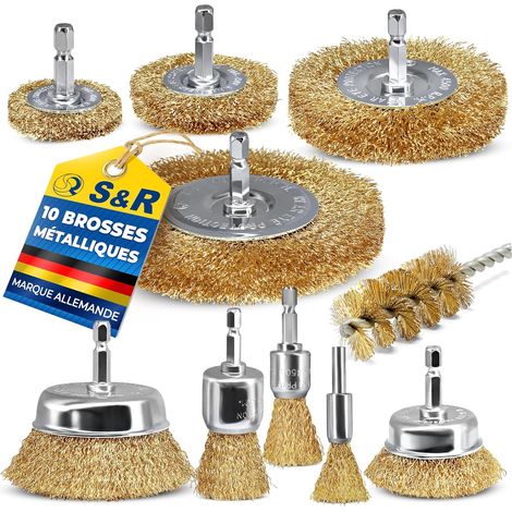 Lot de 10 Brosses Métalliques pour Perceuse et Visseuse sans Fil – Brosse nettoyage Bois Métal peinture – Fil d'Acier Revêtu Laiton Ø 0,5 mm (1/5)