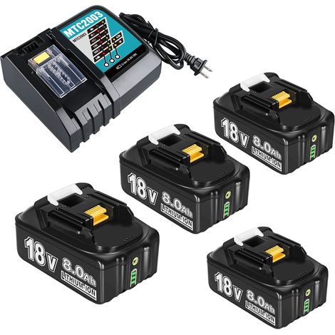 Lot de 4 batteries de rechange Makita 18 V 8 Ah avec chargeur DC18RC compatible avec les batteries Makita 18 V BL1860 BL1820 1830B 1840B 1850B, compatibles avec les batteries d'outils électriques 18 V (1/5)