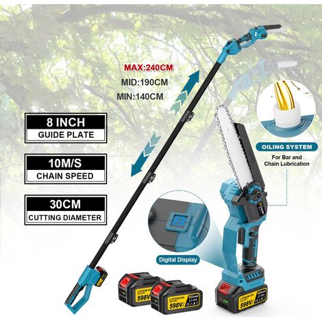 Tronçonneuse électrique sans fil brushless avec perche télescopique, élagueuse 2 en 1 pour coupe de branches hautes et entretien des arbres, outil de jardinage avec 2 batteries incluses