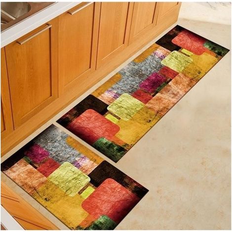 (colored)2pcs Mat of kitchen, non-slip, in polyester, Pattern Geometrie aquarelle, for Kitchen desk Room to Eat - 40x60cm+40x120cm (1/4)