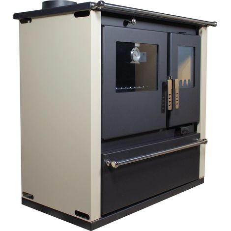 Cocina de Leña Verso CS Plus – 7,7 kW  Placa Superior Metálica, Paneles Color Avorio, Salida Lateral Izquierda y Diseño Funcional