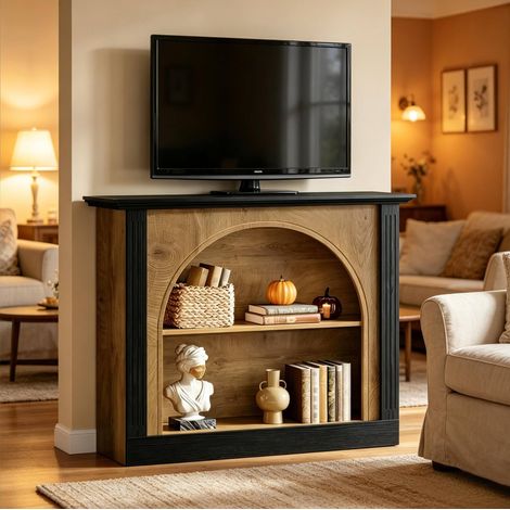 Console à 3 niveaux 110x30 cm noir rustique en bois avec rangement ouvert style mid-century (1/5)