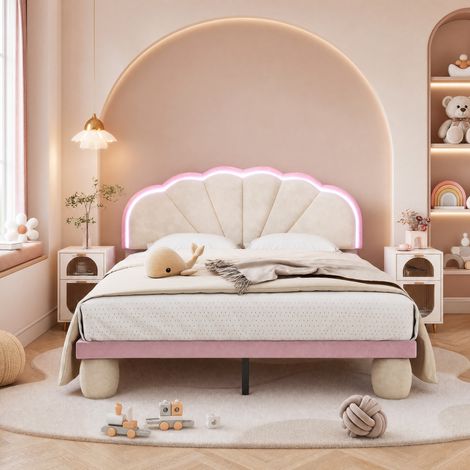 Lit double en velours beige et rose 140 x 200 cm, tête de lit ondulée, bandes lumineuses multicolores, lattes en bois, pieds ronds rembourrés – de FLORAGRACE (1/5)