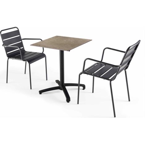 Ensemble table terrasse stratifié marbre et 2 fauteuils gris (1/5)