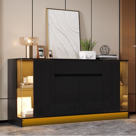 Buffet 140 x 38 x 82 cm en MDF noir, 4 portes, 4 tiroirs, poignées dorées - CHICFURN (1/5)