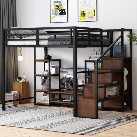 Letto a soppalco 140x200 con porta TV presa e scala contenitore in metallo e MDF nero OKWISH (1/5)