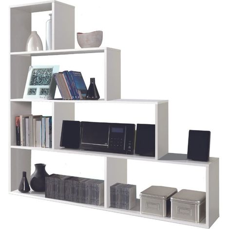 Calicosy – Étagère moderne en mélamine blanc brillant – 10 emplacements – Dimensions 145 x 145 x 29 cm – Design en échelle pour bureau ou salon (1/10)