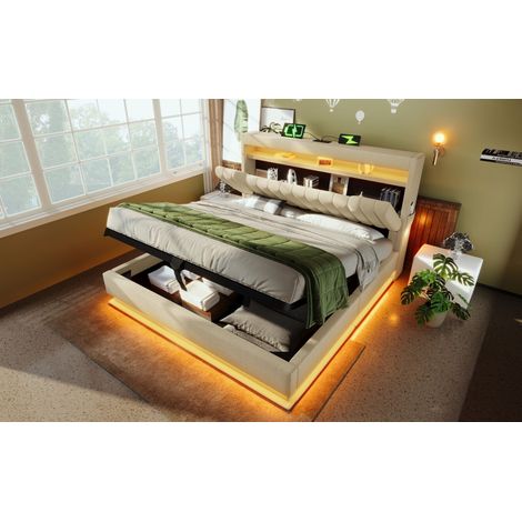 Cama tapizada de lino beige 160x200 cm con almacenaje hidráulico, LED y cabecero con USB y USB-C (1/5)