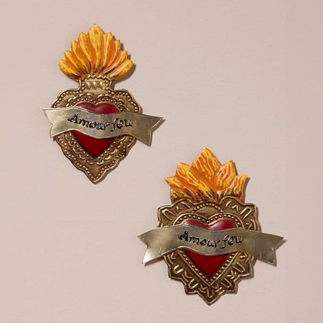 Ensemble de 2 Ex-voto Cœurs Enflammés Amour Feu 12x14cm (1/4)