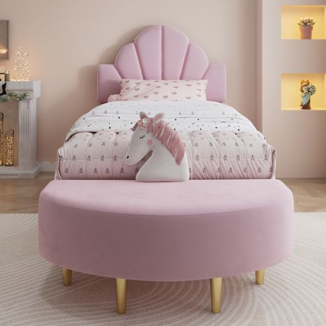 Lit 1 place 90x200 velours rose avec tête de lit + banquette assortie, bords anti-choc, cadre solide (1/5)