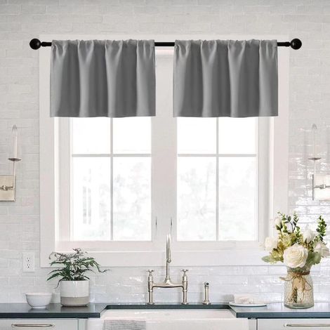 Lot de 2 rideaux de cantonnière gris de 45 cm de long pour fenêtre de cuisine avec passe-tringle, imperméables, occultants, pour salon, salle de bain, sous-sol (1/5)