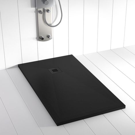 Shower Online – Receveur de douche extra-plat en résine noir 70x80 cm – Surface antidérapante C3 – Installation au ras du sol – Bonde et grille incluses (1/5)