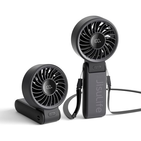 Ventilatore portatile, ventilatore palmare con display a LED [raffreddamento massimo 19,5 ore] 5000 mAh, piegato a 150°, 5 velocità, cordino ventilatore 3 in 1 da mano/scrivania/collo - Nero