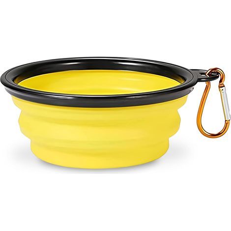 1 ciotola da viaggio pieghevole gialla per cani con un diametro di 16 cm per acqua e crocchette, ciotola portatile in silicone con moschettone (1/5)
