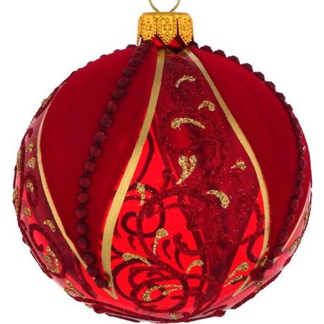 Pallina per albero di Natale in vetro con decorazioni in velluto rosso e glitter da 10 cm (1/4)