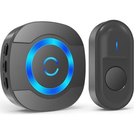 Black Wireless Doorbell, 300 m IP55 Waterproof Electronic Doorbell with Plug-in Receiver for Home, 55 Melodies, LED, YMYNY (1/4)