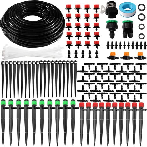 Kit de riego por goteo de 162 piezas de 4/6 mm, manguera de riego de 25 m, sistema de riego con racores rectos de púas, conectores en T y tapas de extremo para jardín y plantas. (1/5)