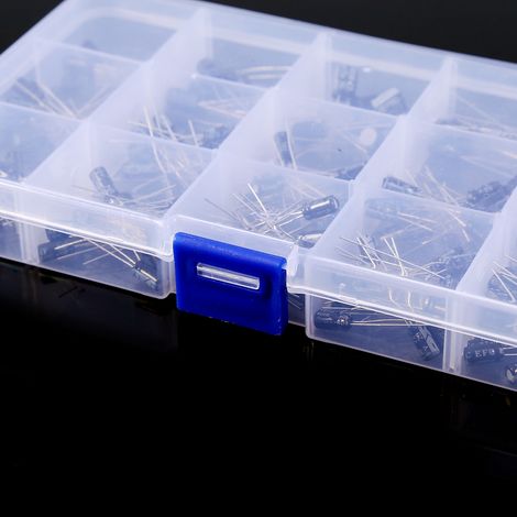 Assortiment de 200 condensateurs électrolytiques à monter soi-même, comprenant 15 modèles de capacités différentes (0,1 µF – 220 µF) et un étui. (1/5)