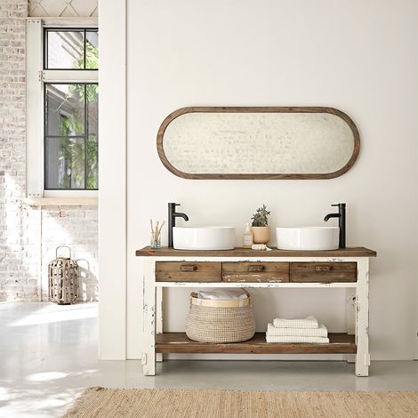 Berah Getah – Meuble sous vasque simple en pin recyclé 150 cm – 3 tiroirs et étagère – Patine blanchie effet used – Livré monté (1/5)