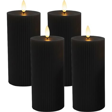 Relaxdays Velas LED, set 4, H x D: 18 x 7,5 cm, llama parpadeante, cera real, diseño estriado, velas sin llama, negras