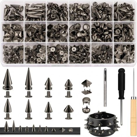 455 pièces Ensemble de rivets et clous en métal, Kit de rivets à vis pour créateurs, cosplayers, rockeurs pour concevoir vestes en cuir sacs et chaussures DIY (anthracite noir) (1/5)
