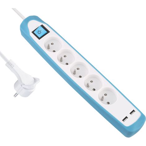 Bloc Multiprise 5 prises et 2 USB, Couverture en silicone antidérapant, Câble 2M, Fiche plat