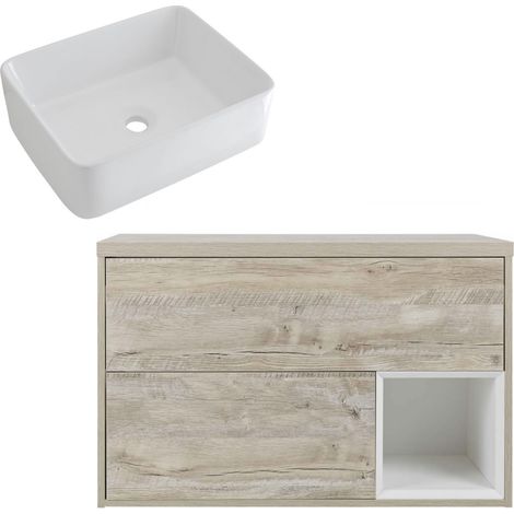 Milano Bexley Light Oak 800mm Wall Hung Bathroom Vanity Unit with Countertop Basin - Rectangular Basin (No LED Light) (1/5)